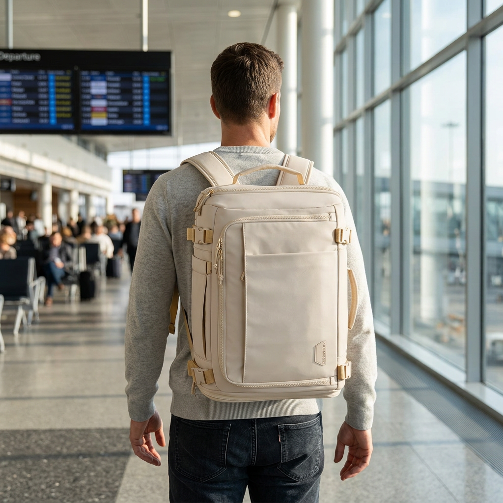 Large capacity travel backpack shown in use