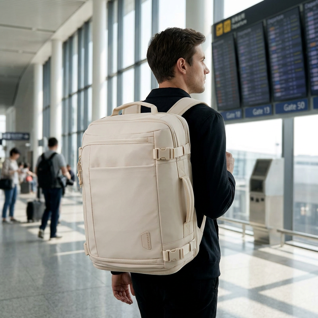 Travel backpack worn by a traveller in a bright airport terminal