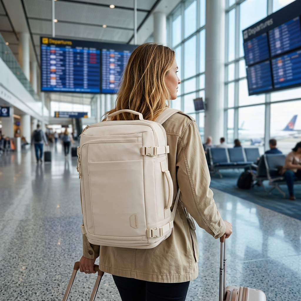 Travel backpack carried through an airport departure hall