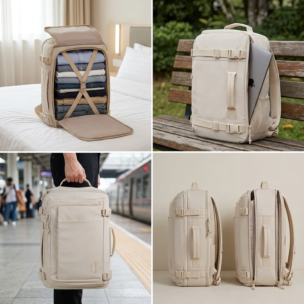Side profile of the travel backpack on a wooden bench showing depth and laptop sleeve