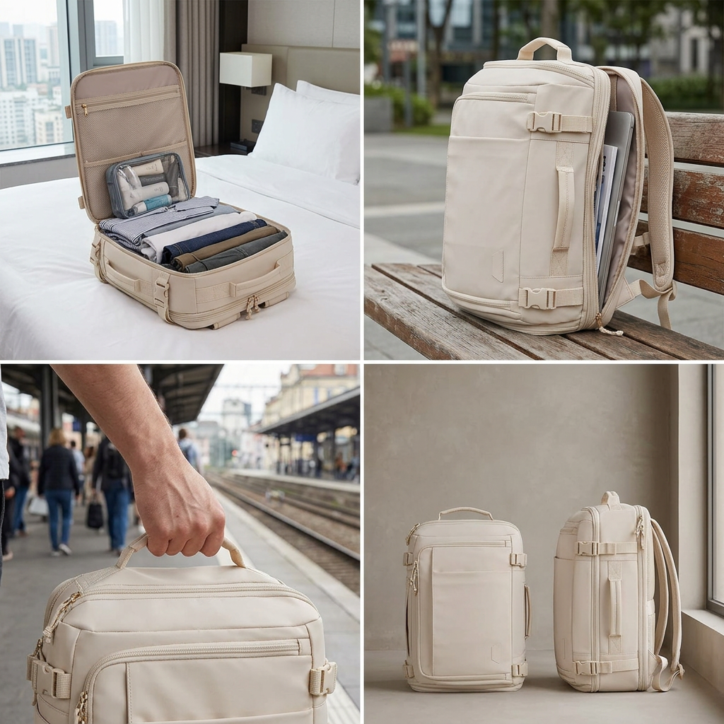 Travel backpack held by the top handle at a train platform