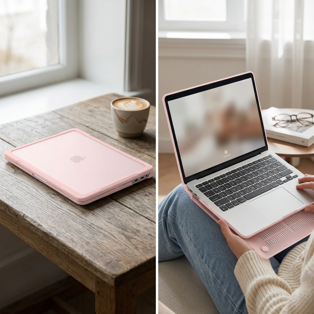 Laptop case fitted, showing port cutouts