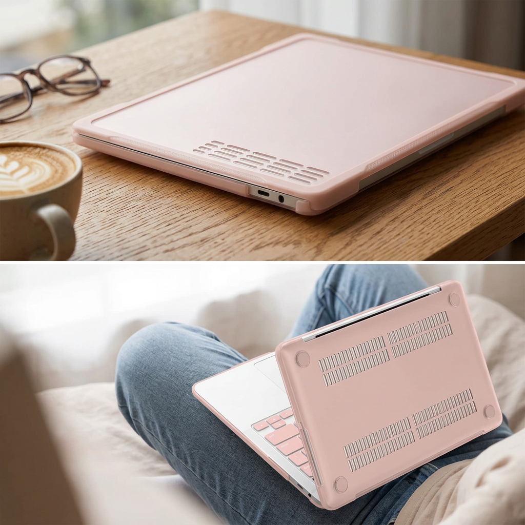 Hard-shell laptop case in use at a desk