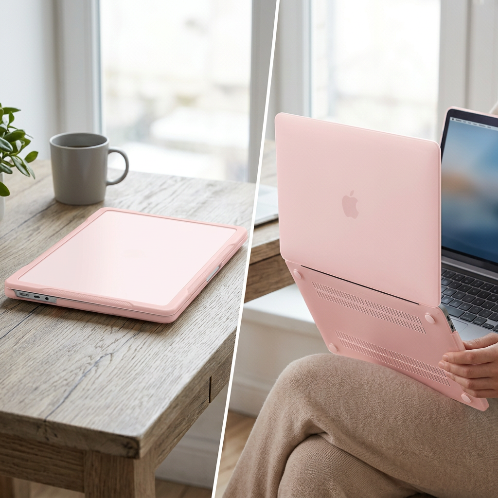 Hard-shell case fitted to a closed laptop on a wooden desk