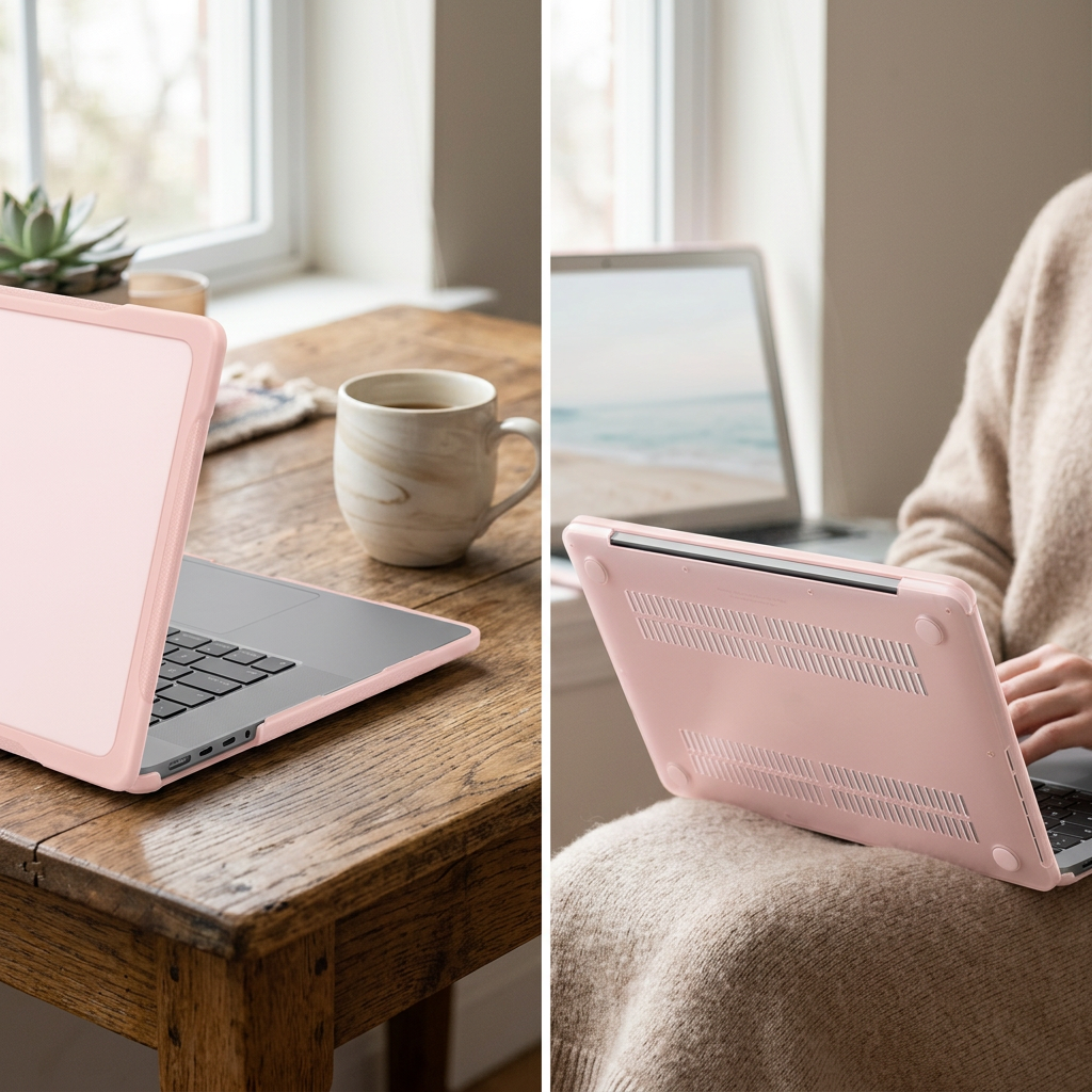 Laptop case shown open on a lap with vent cutouts visible