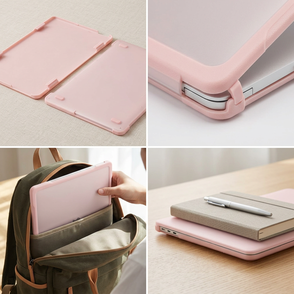 Cased laptop sliding into a backpack sleeve