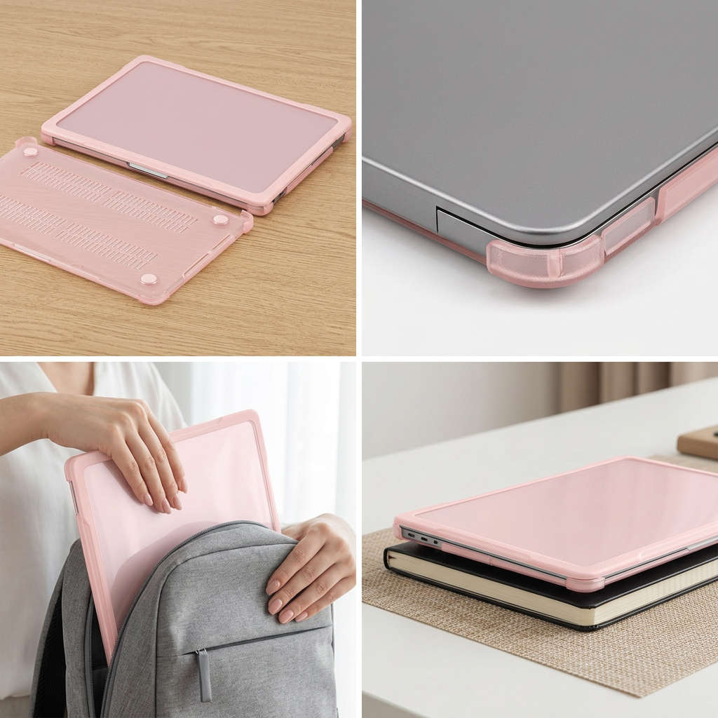 Cased laptop stacked with a notebook for thickness comparison