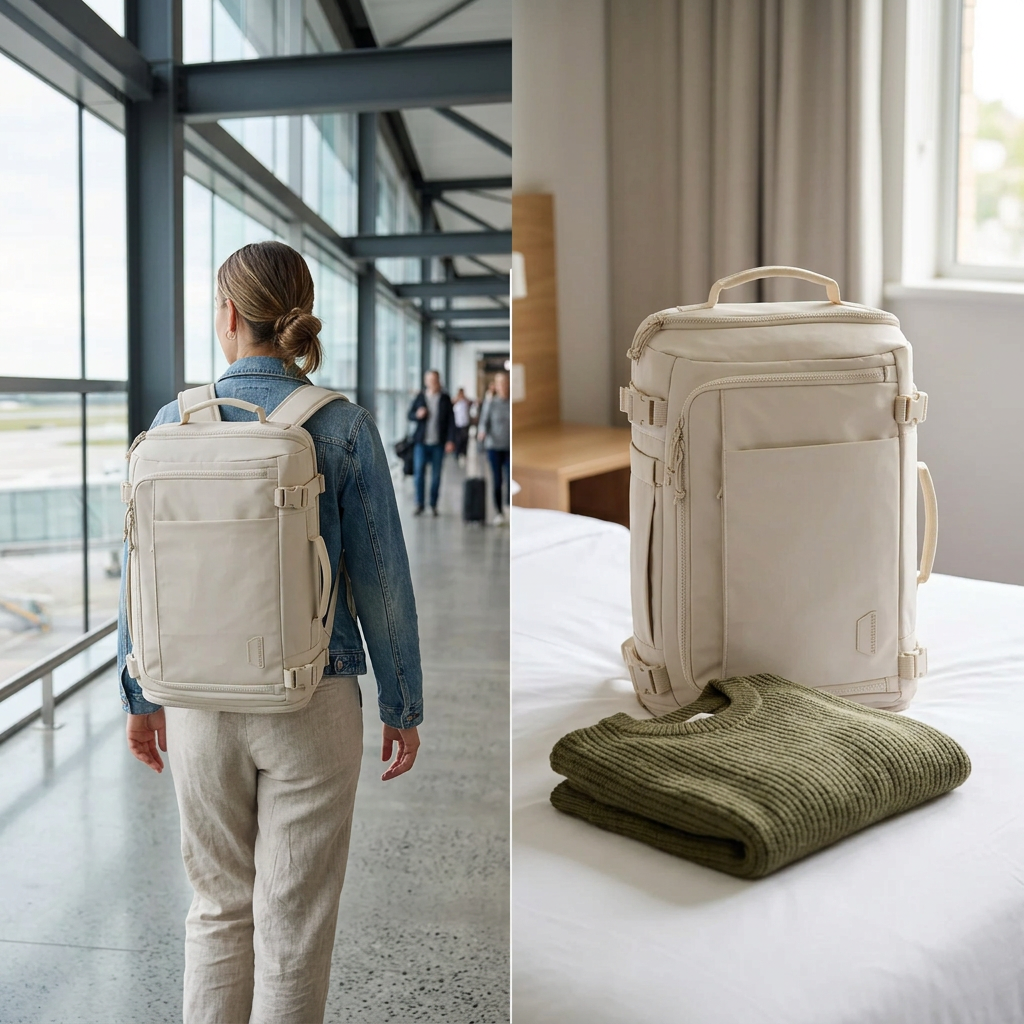COLOUR:Beige - travel backpack on a hotel bed