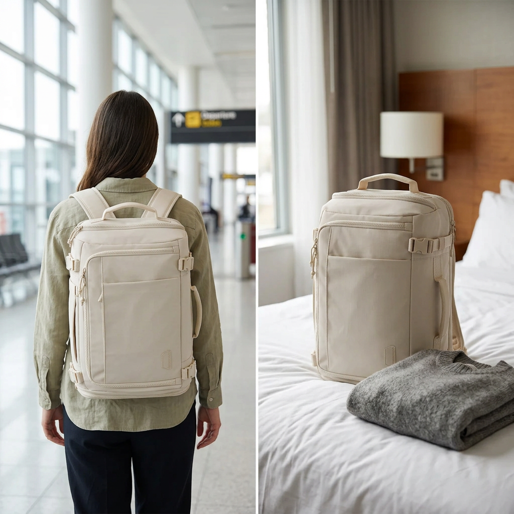 COLOUR:Beige - travel backpack worn in an airport terminal