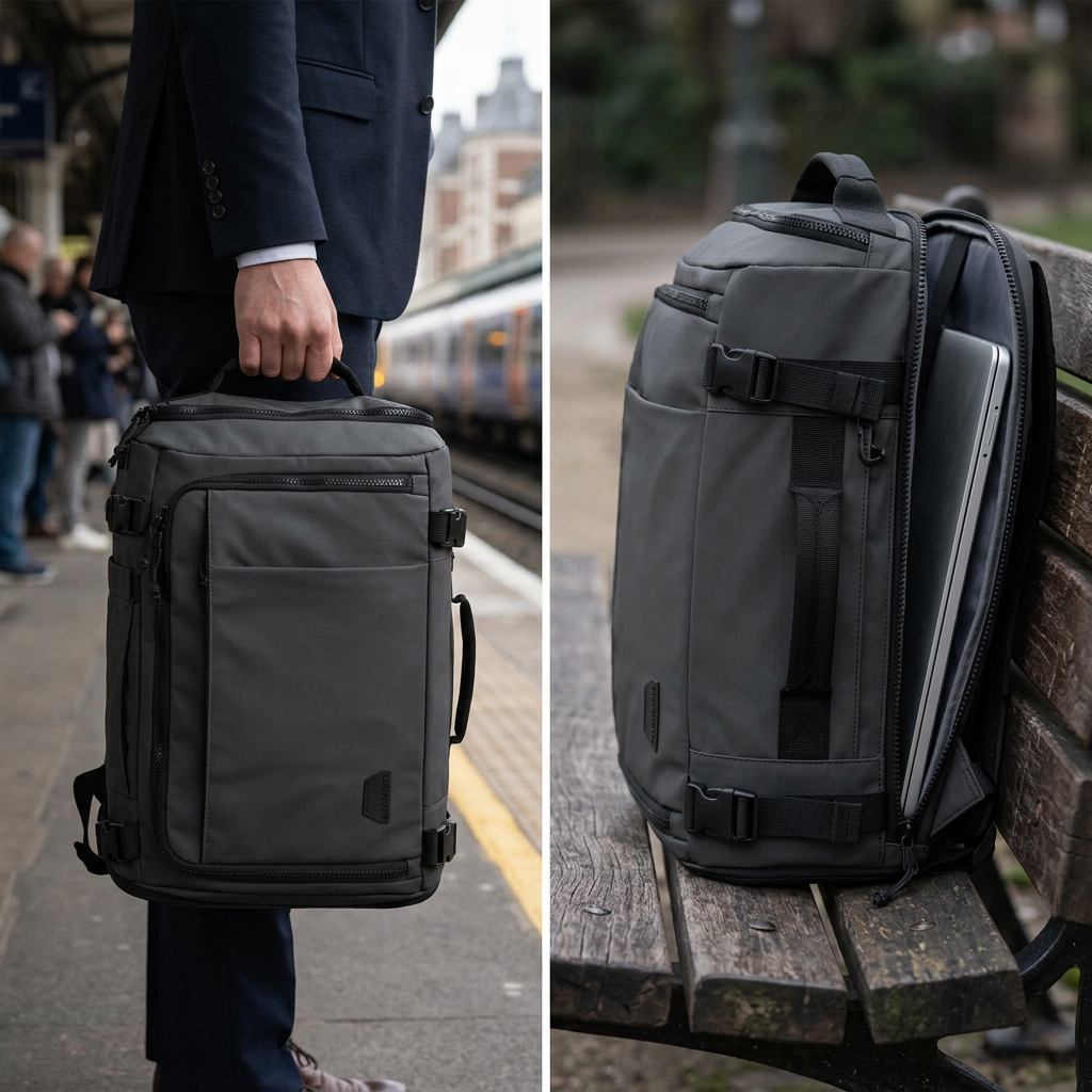 COLOUR:Black - travel backpack side profile on a bench