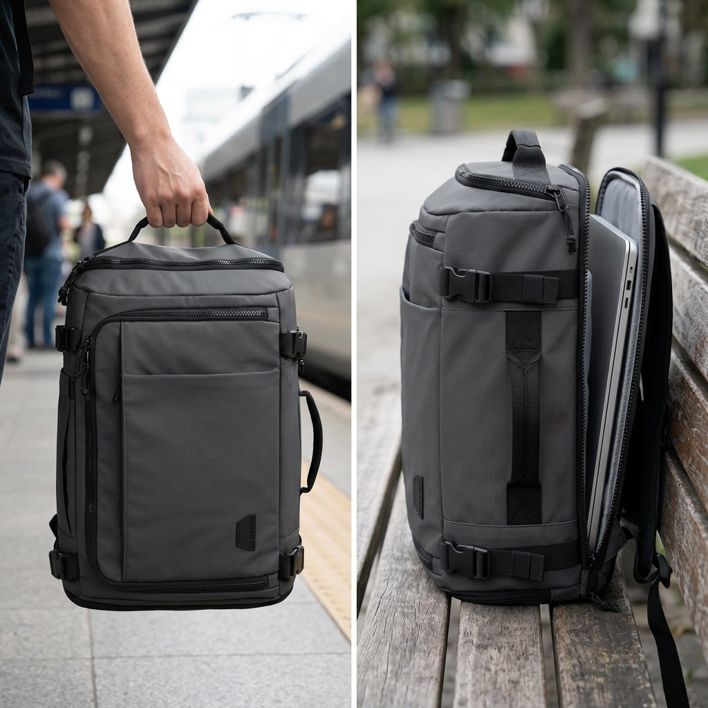 COLOUR:Black - travel backpack carried on a train platform