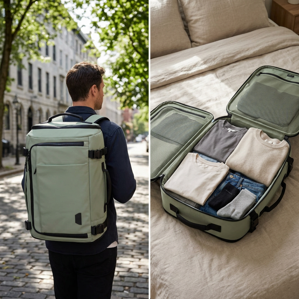 COLOUR:Mossy - travel backpack worn on a leafy city street
