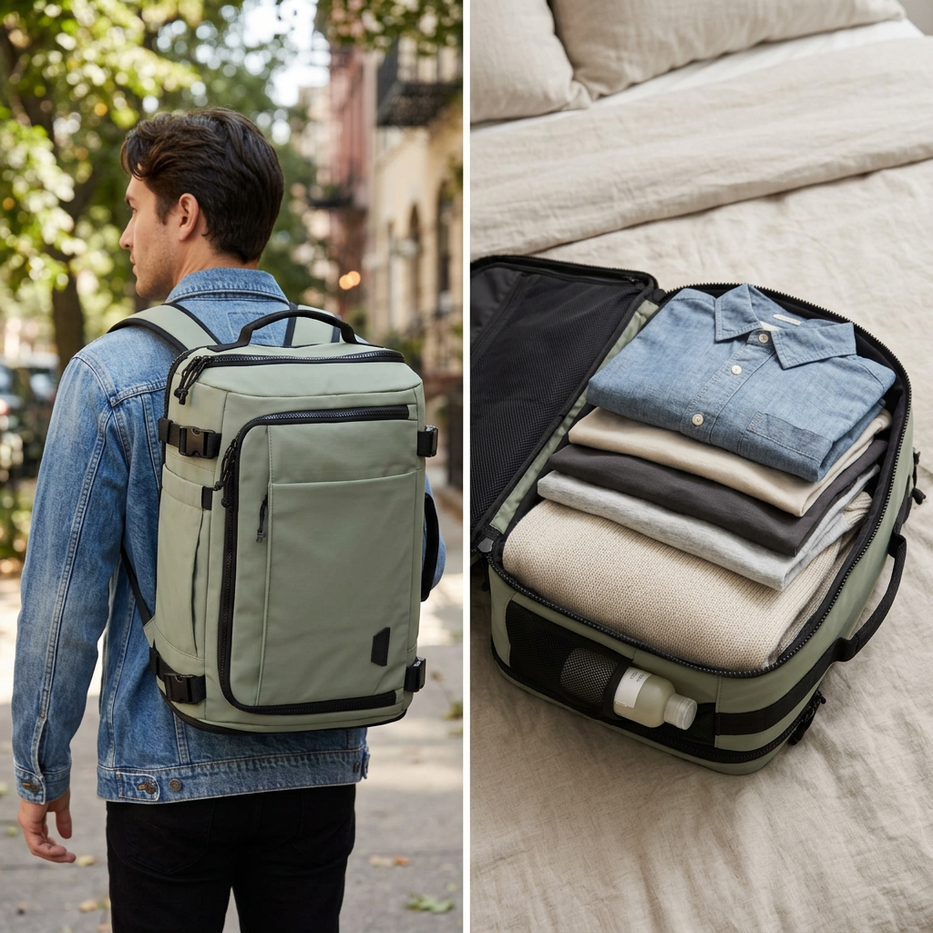 COLOUR:Mossy - travel backpack open showing packing compartment