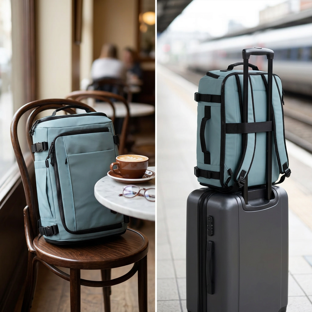 COLOUR:Arona - travel backpack resting against a cafe chair