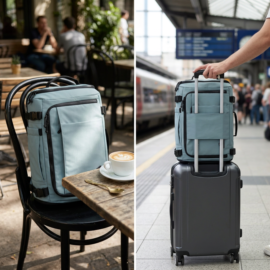 COLOUR:Arona - travel backpack on a suitcase handle at a station