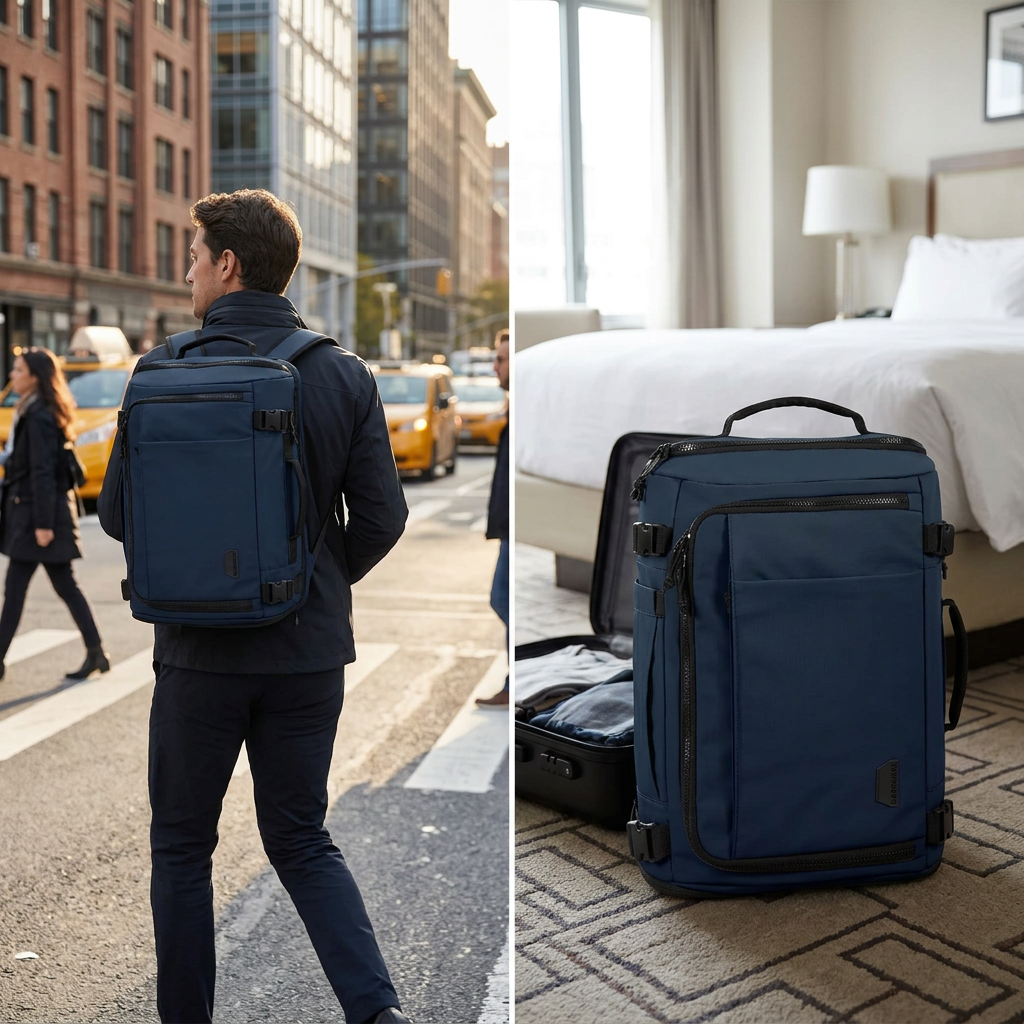 COLOUR:Navy Blue - travel backpack worn crossing a city street