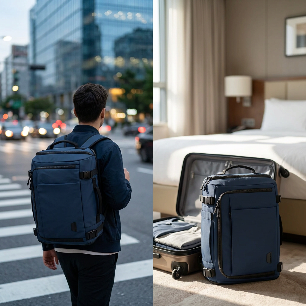 COLOUR:Navy Blue - travel backpack beside an open suitcase