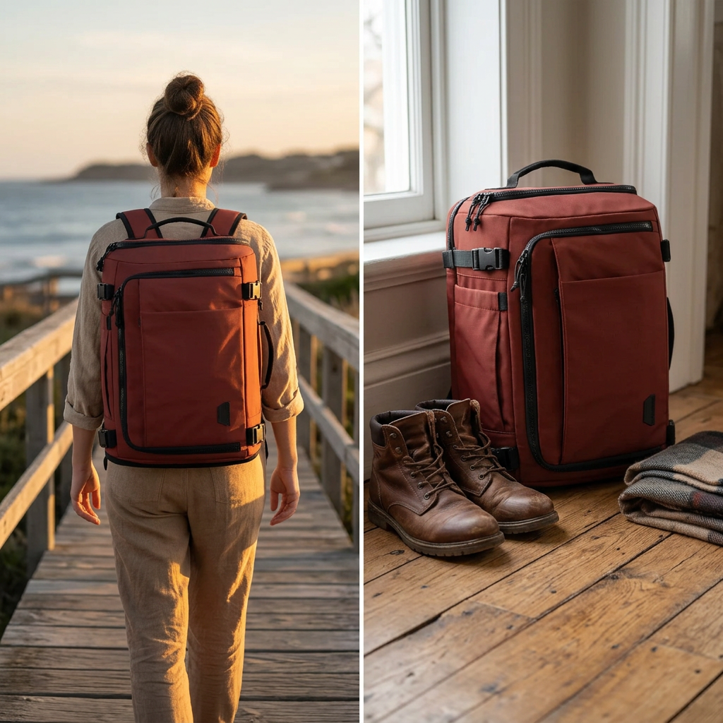 COLOUR:Brandy Snifter - travel backpack on a wooden floor beside walking boots