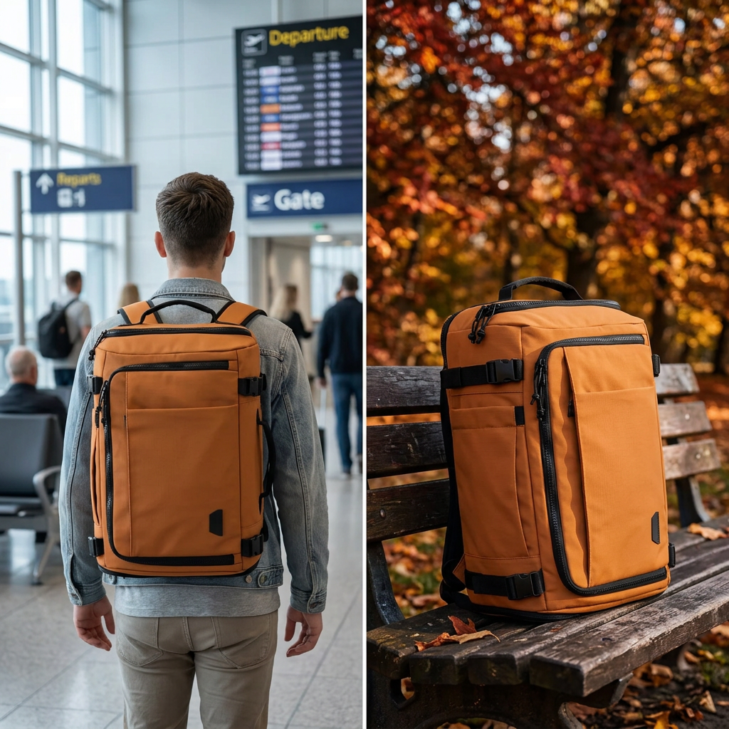 COLOUR:Tangerine - travel backpack on a park bench with autumn trees