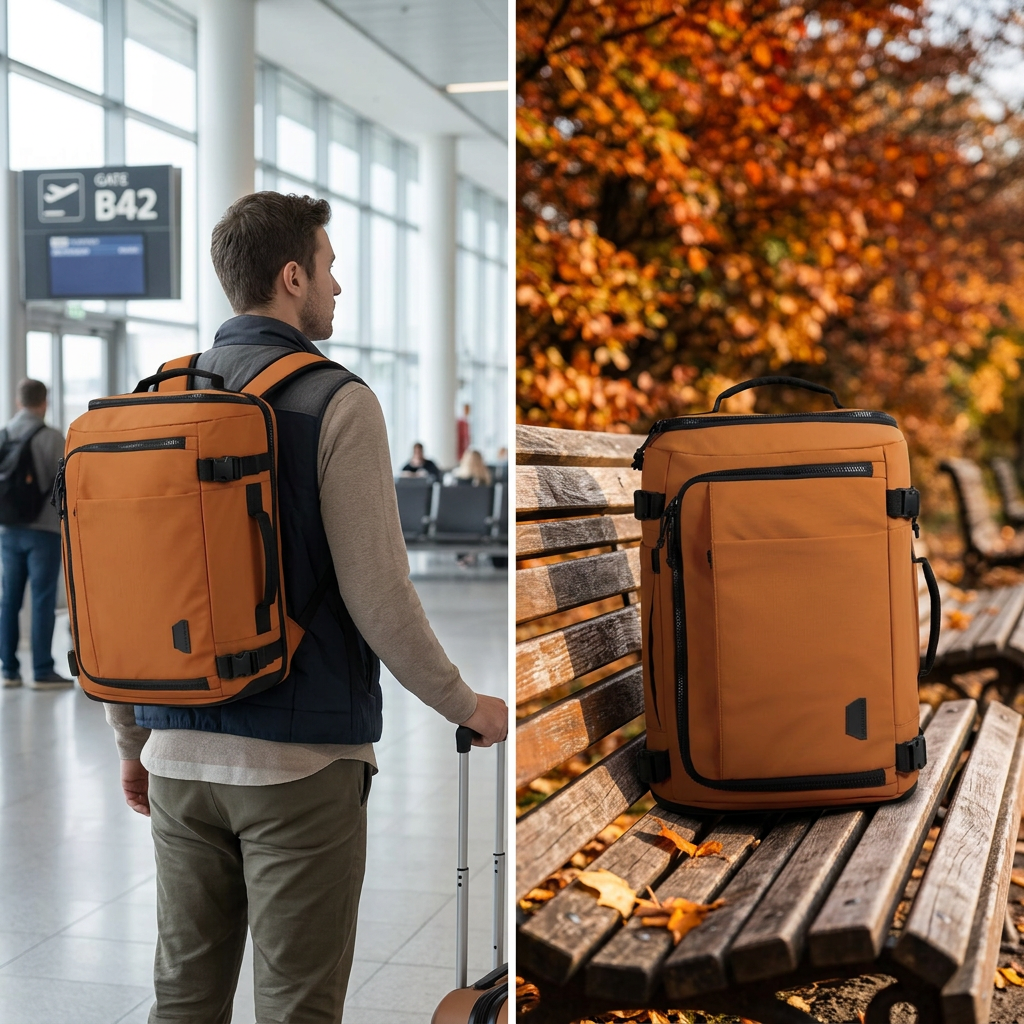 COLOUR:Tangerine - travel backpack worn in an airport departure hall