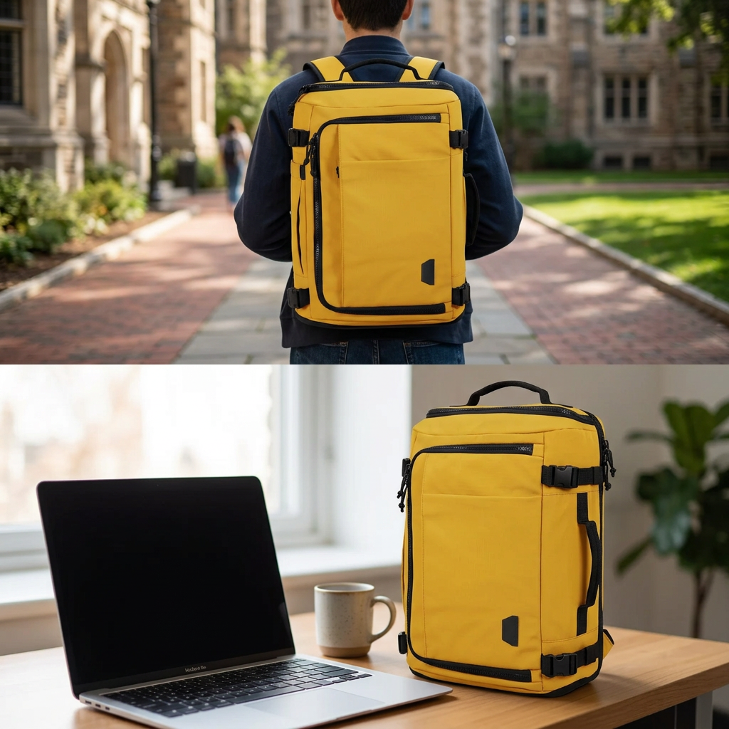 COLOUR:Daylily - travel backpack on a desk beside a laptop