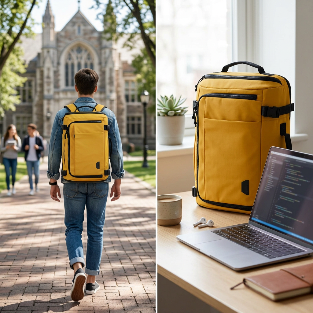 COLOUR:Daylily - travel backpack worn on a university campus path