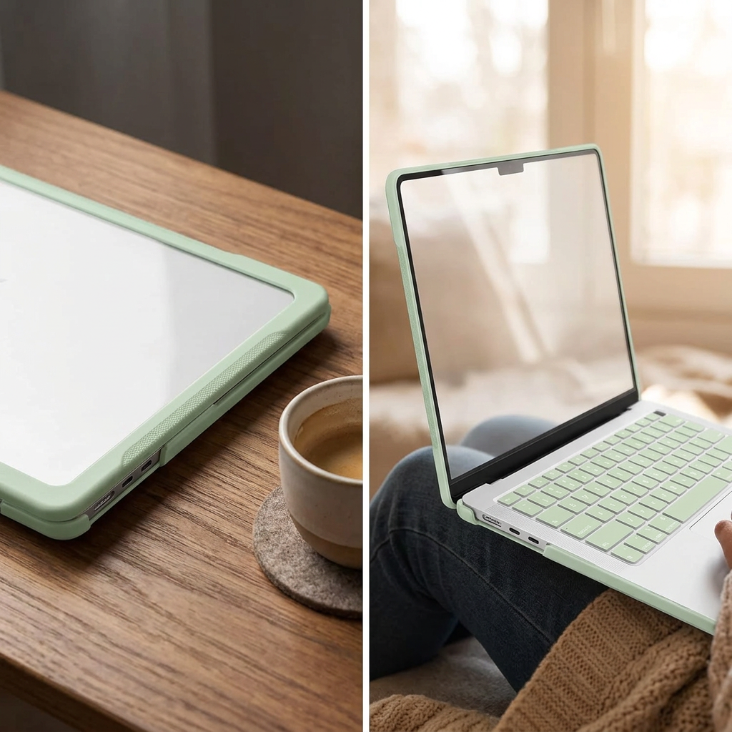 COLOUR:Sage Green - case fitted to a closed laptop on a wooden desk