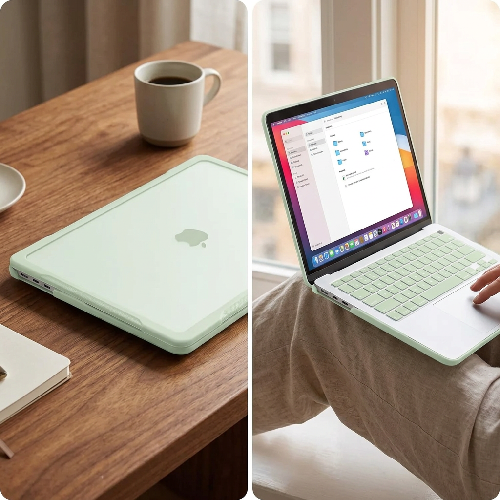 COLOUR:Sage Green - cased laptop open on a lap in window light