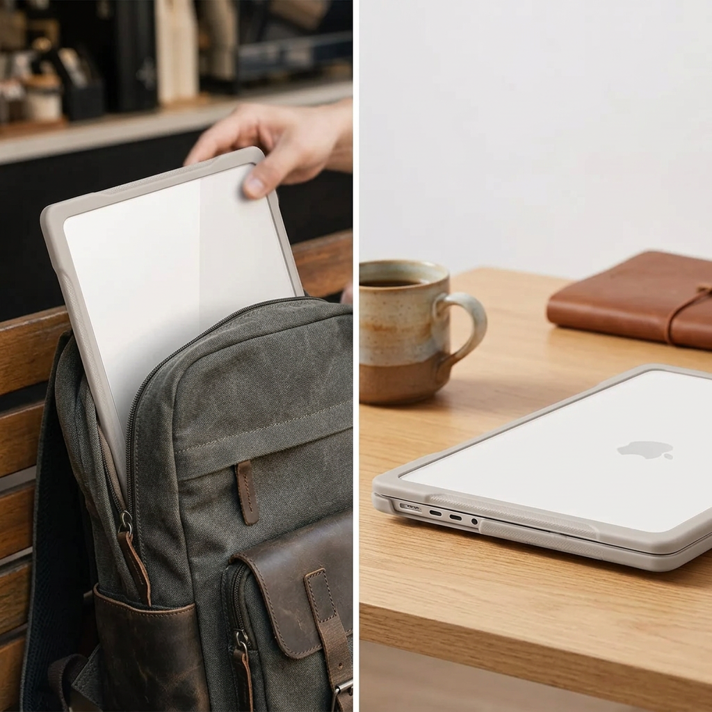 COLOUR:Khaki - cased laptop sliding into a backpack sleeve