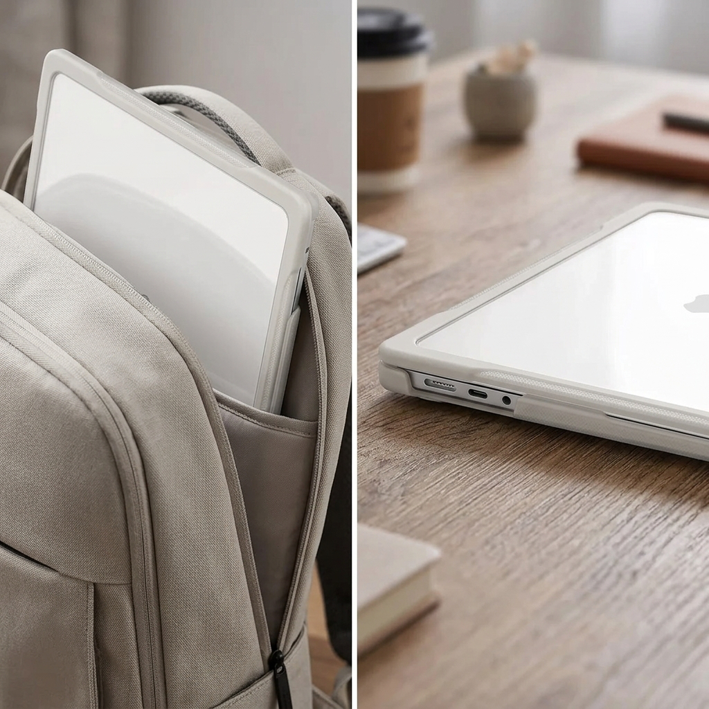 COLOUR:Khaki - cased laptop closed showing top shell and side ports