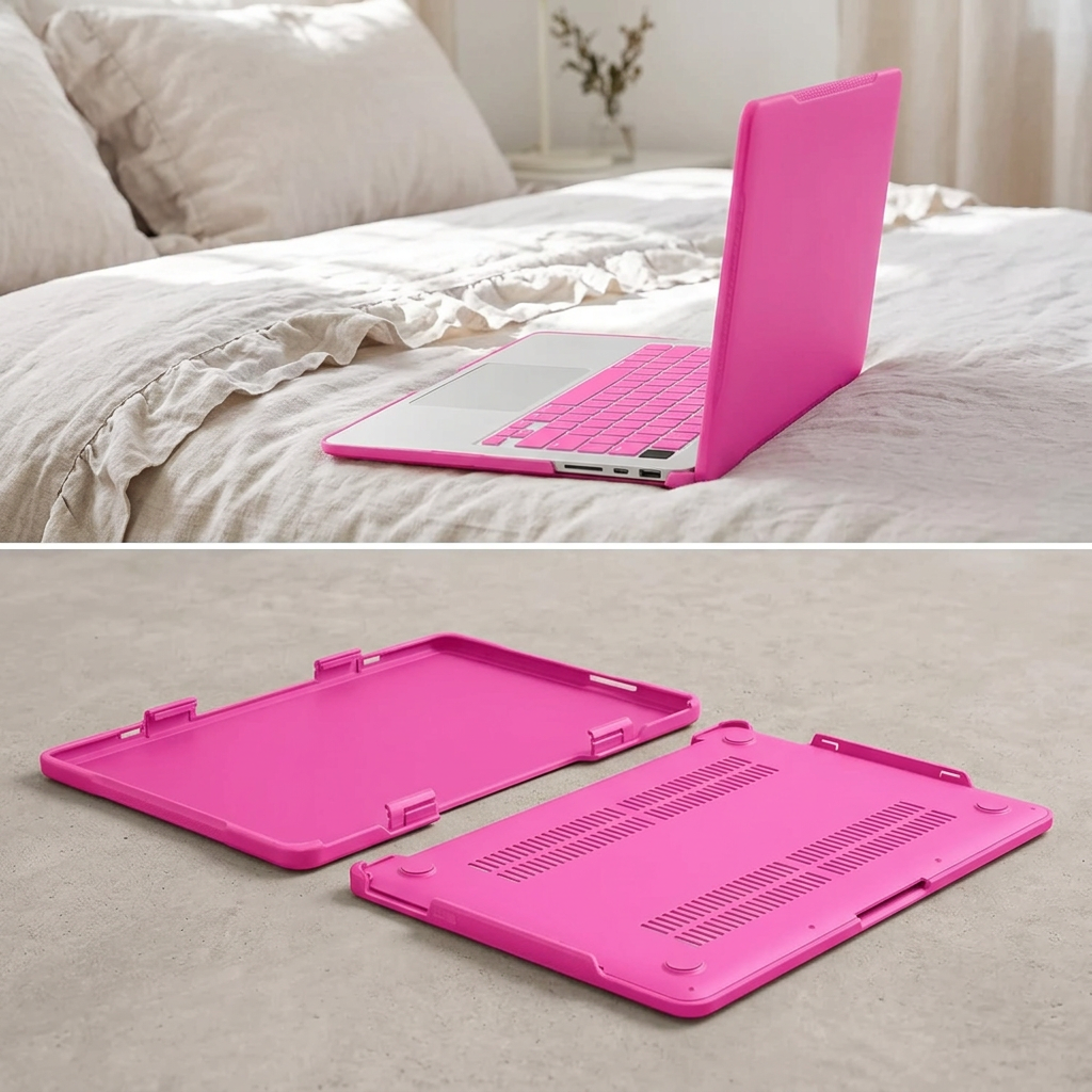 COLOUR:Rose Red - cased laptop open on a bed in soft daylight