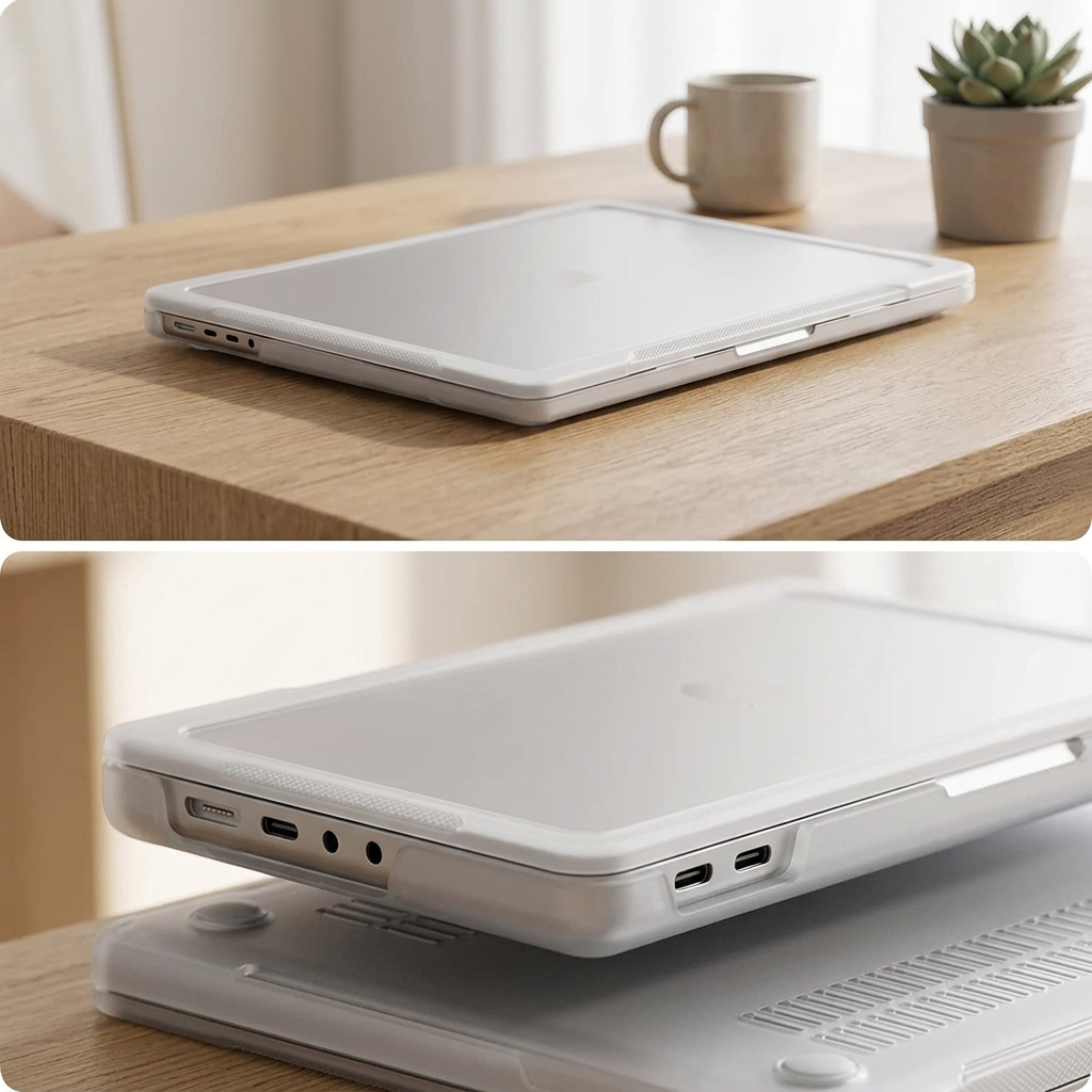 COLOUR:Translucent - clear shell fitted to a closed laptop on a desk
