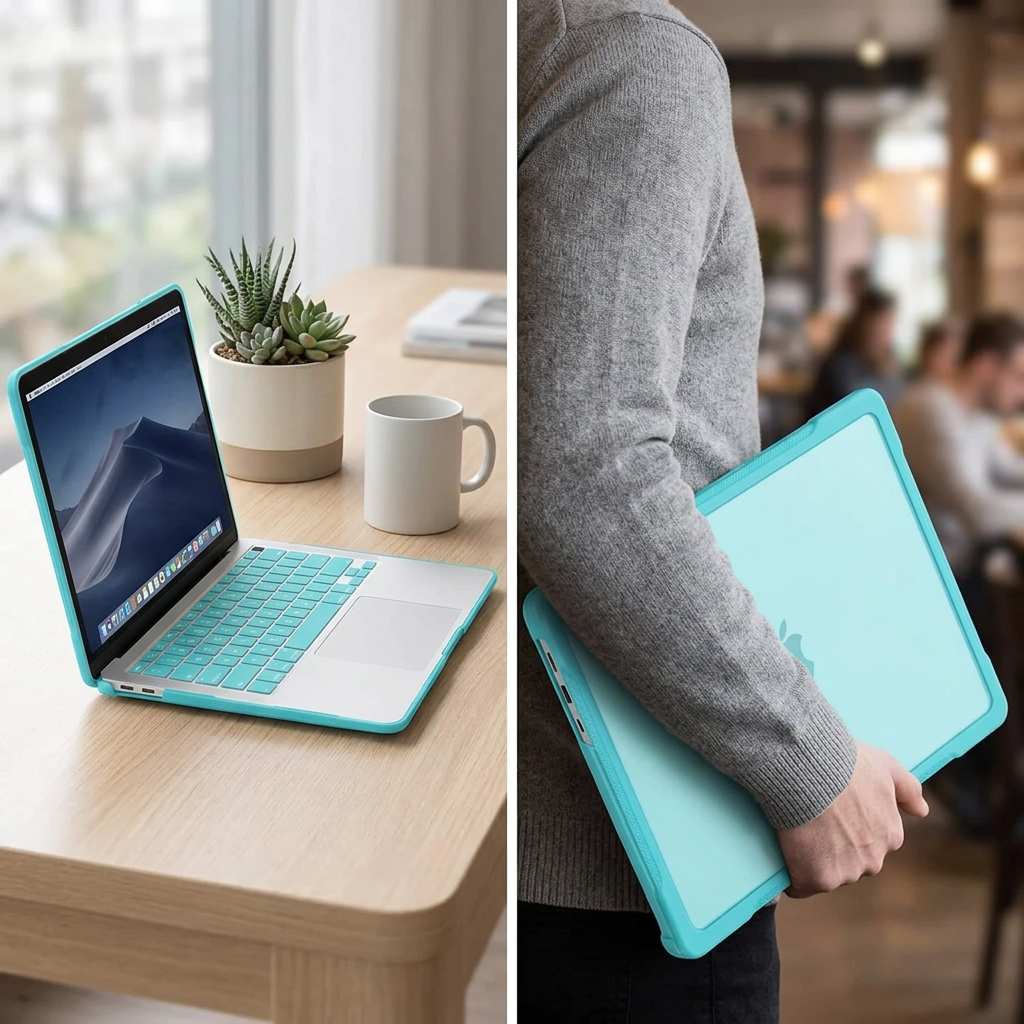 COLOUR:Turquoise - cased laptop on a desk beside a plant and mug