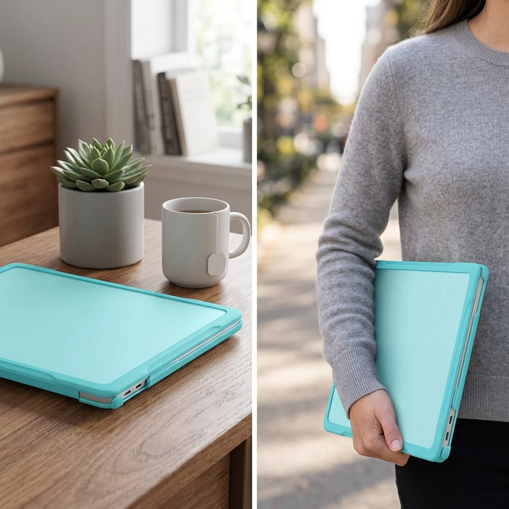COLOUR:Turquoise - cased laptop carried under an arm