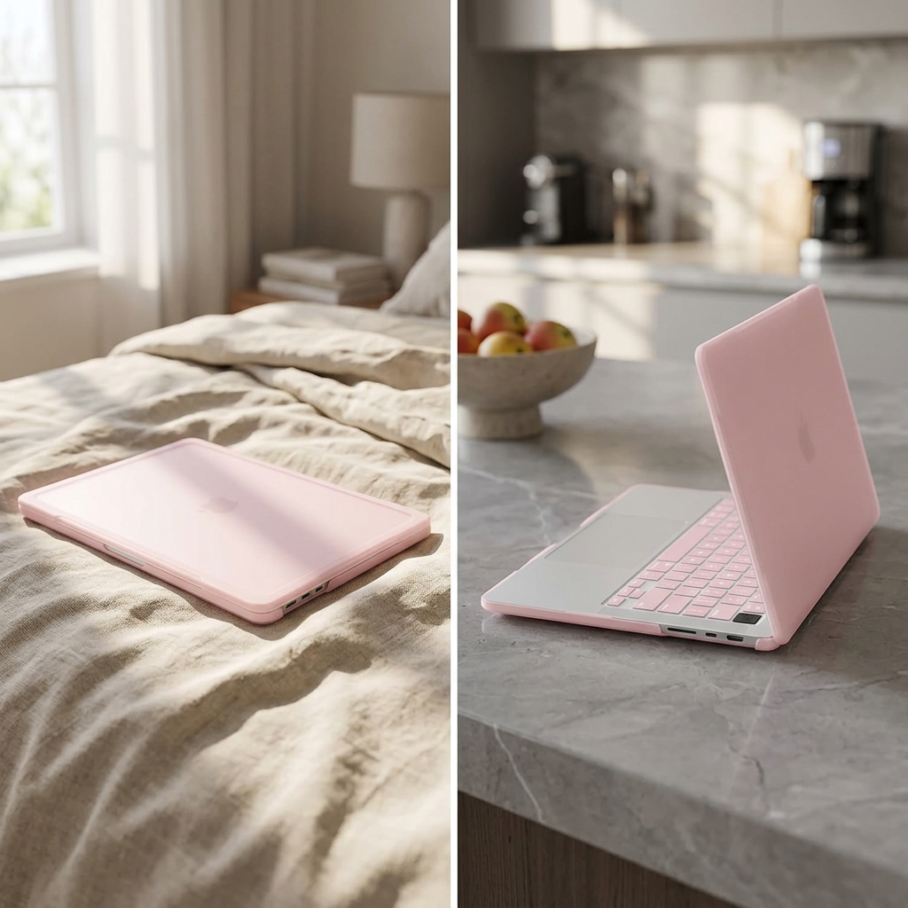 COLOUR:Chalk Pink - cased laptop open at a kitchen counter