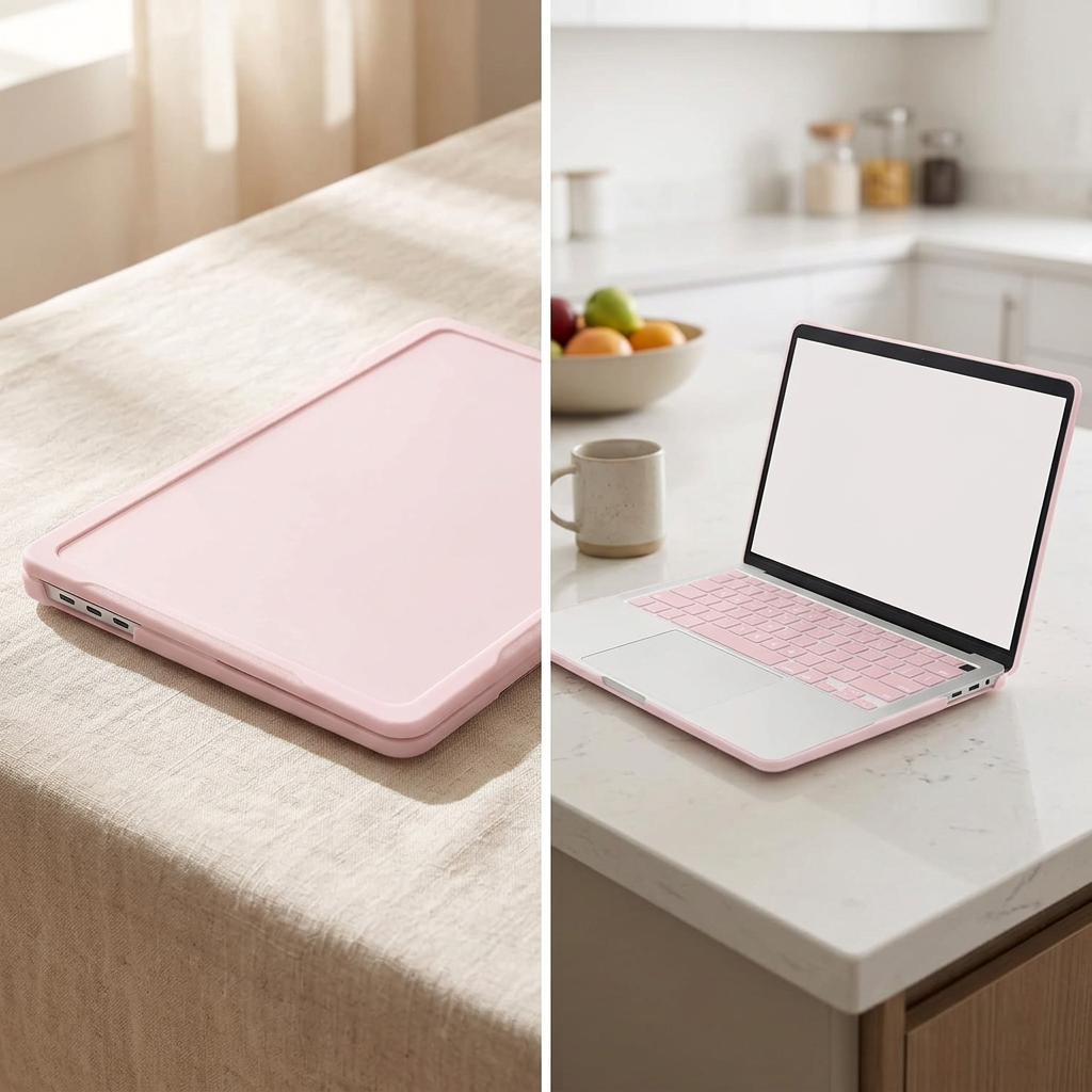 COLOUR:Chalk Pink - cased laptop closed on linen in morning light