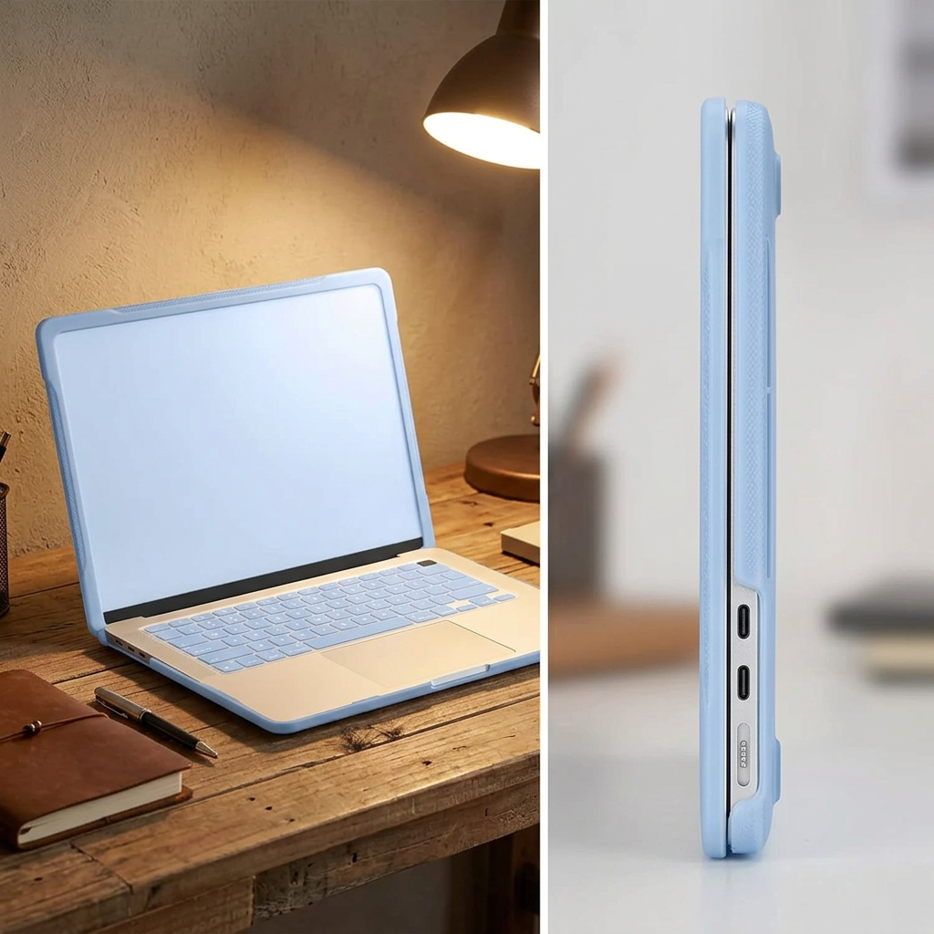 COLOUR:Air Blue - cased laptop on a study desk under a lamp