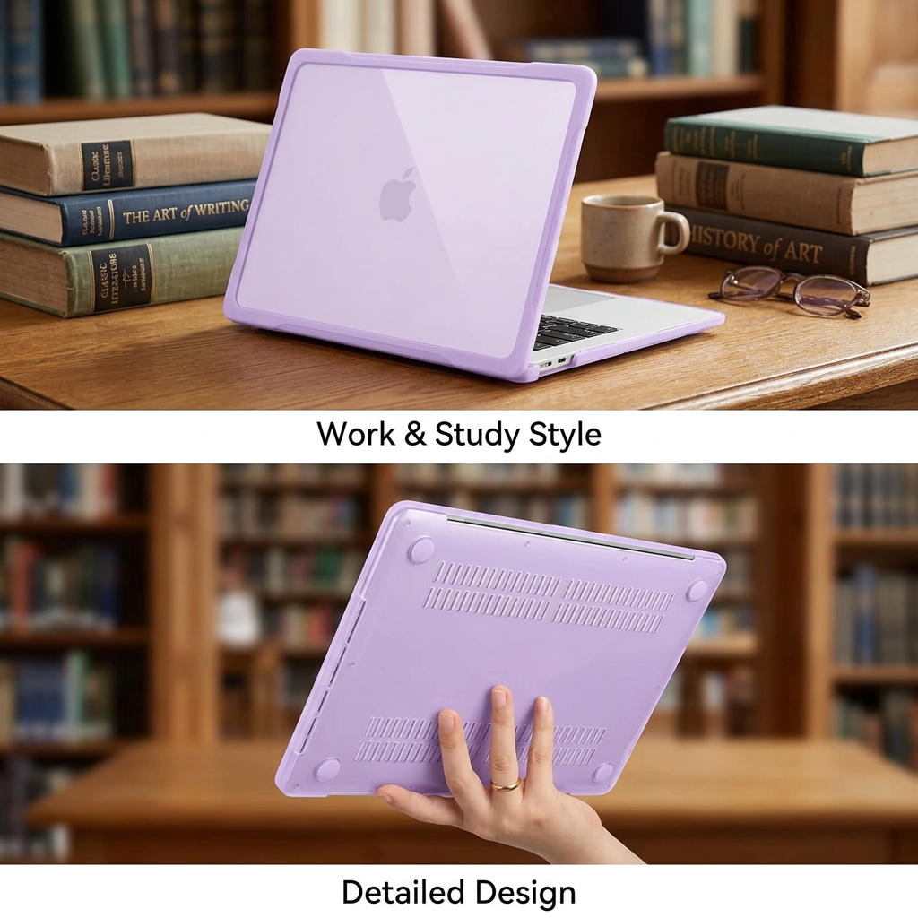 COLOUR:Purple - cased laptop on a library table with books
