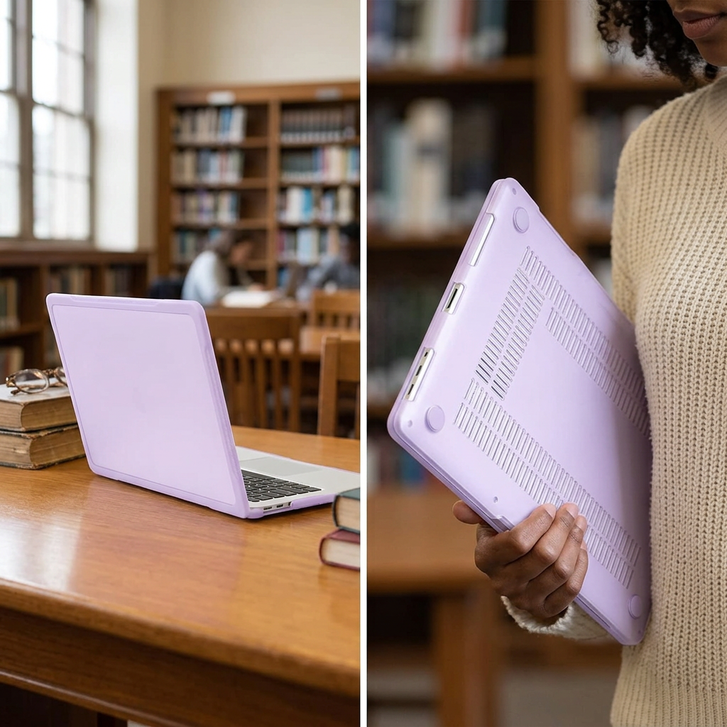 COLOUR:Purple - cased laptop held in one hand showing underside vents
