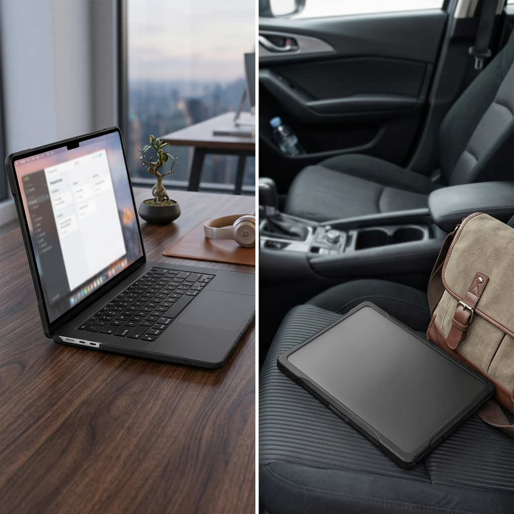 COLOUR:Black - cased laptop on a dark wood office desk
