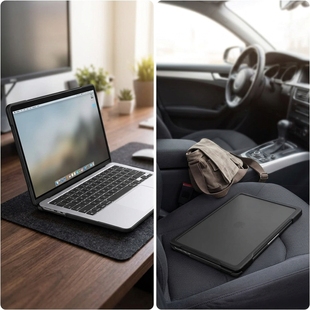 COLOUR:Black - cased laptop closed on a car seat with a bag