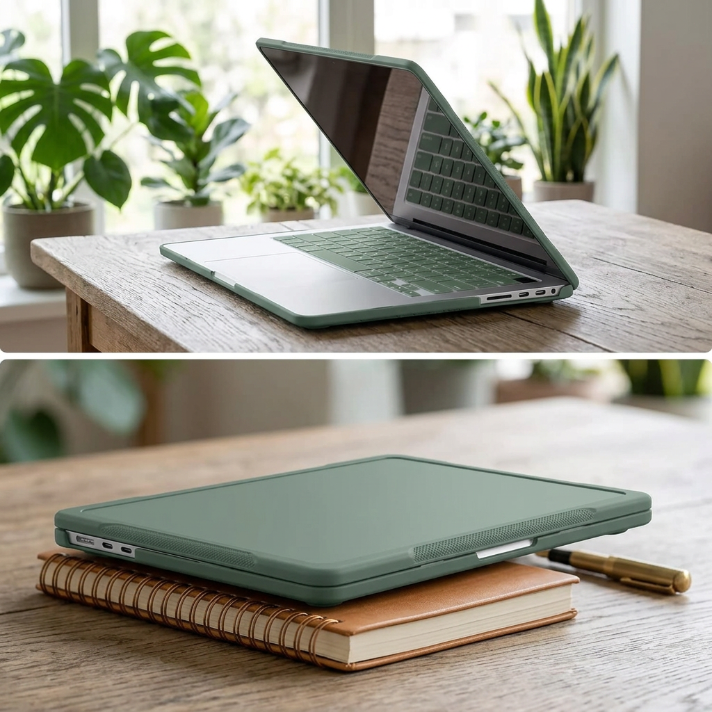 COLOUR:Emerald Green - cased laptop on a wooden table by a window with plants