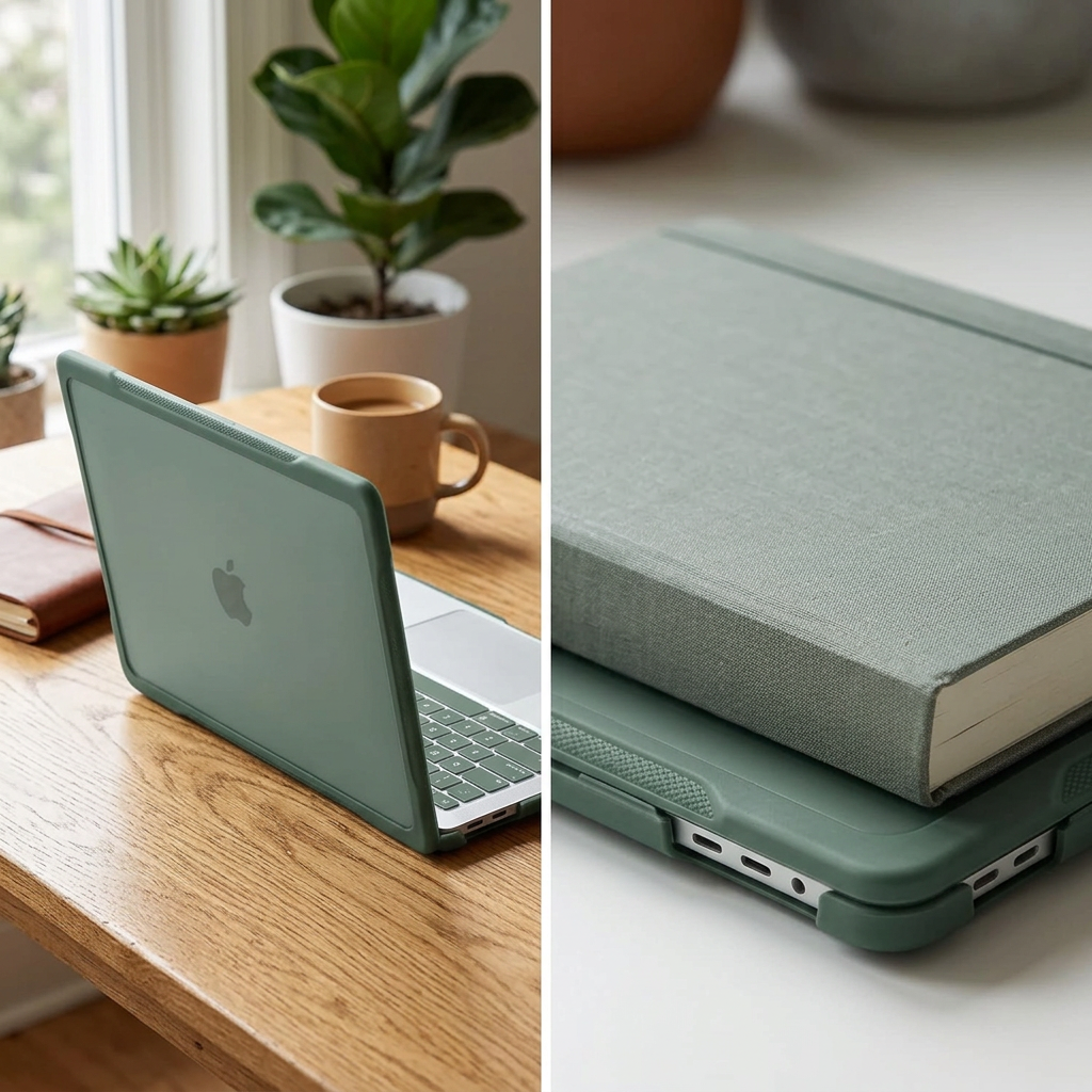 COLOUR:Emerald Green - cased laptop stacked with a notebook for thickness