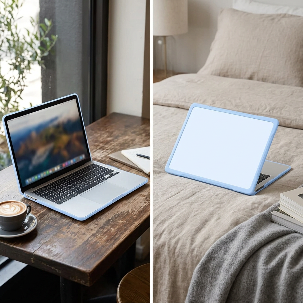 COLOUR:Sky Blue - cased laptop closed on a bed with a soft throw