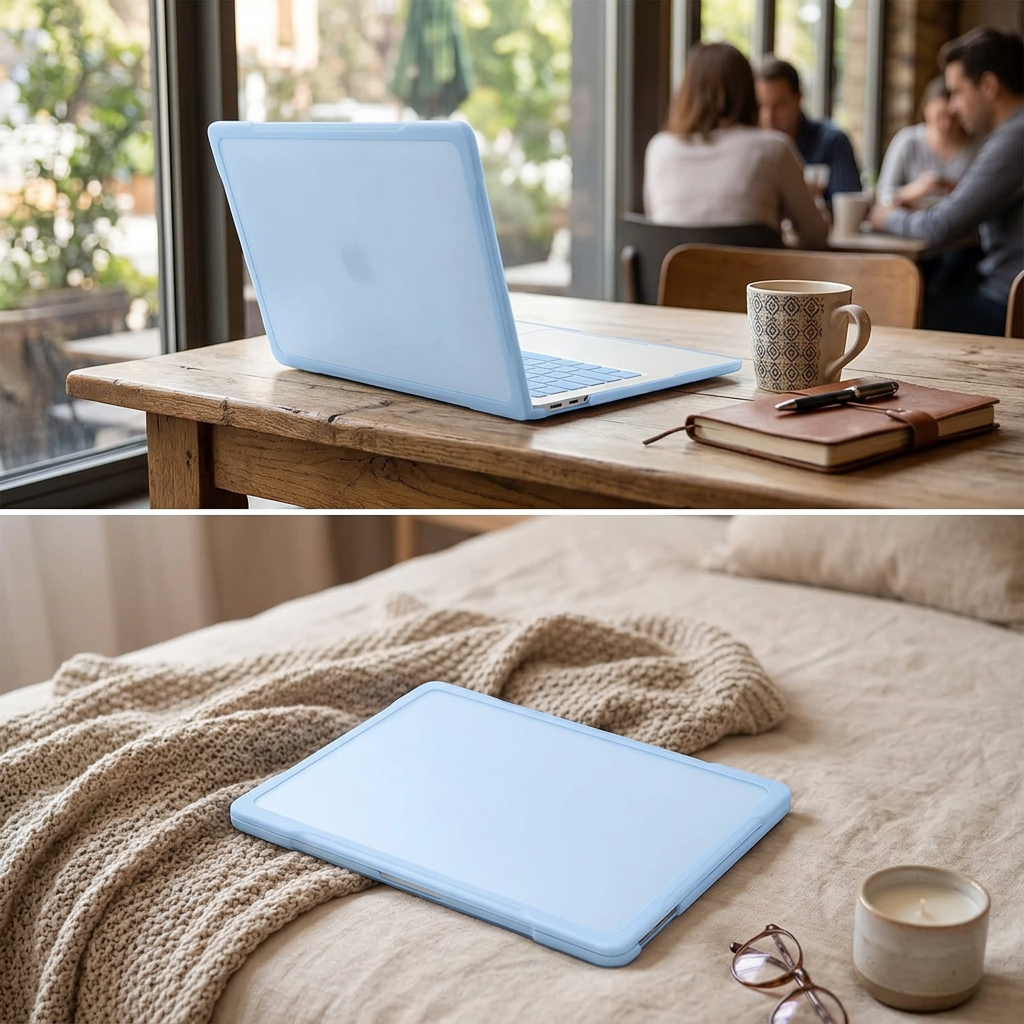 COLOUR:Sky Blue - cased laptop open on a cafe table near a window