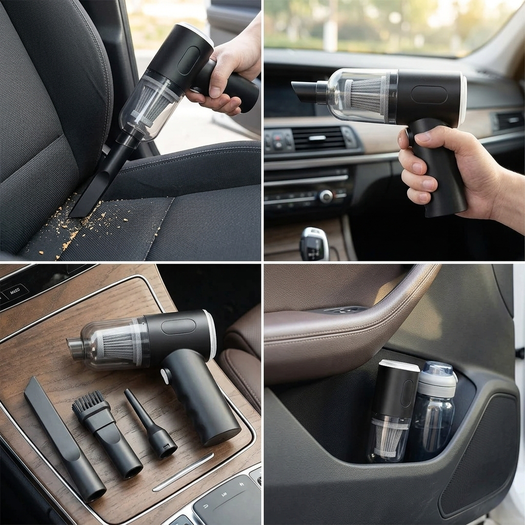 Handheld car vacuum in use cleaning a car seat