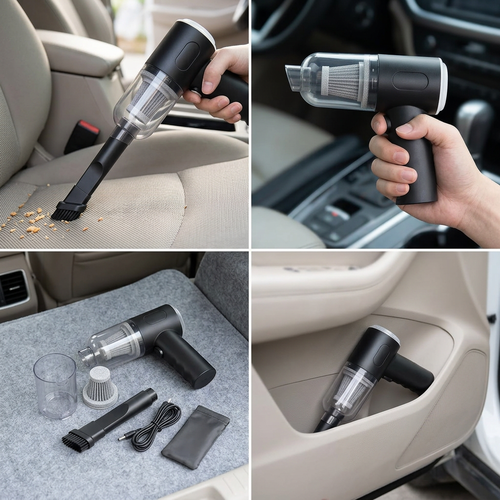 Car vacuum held in a hand showing scale
