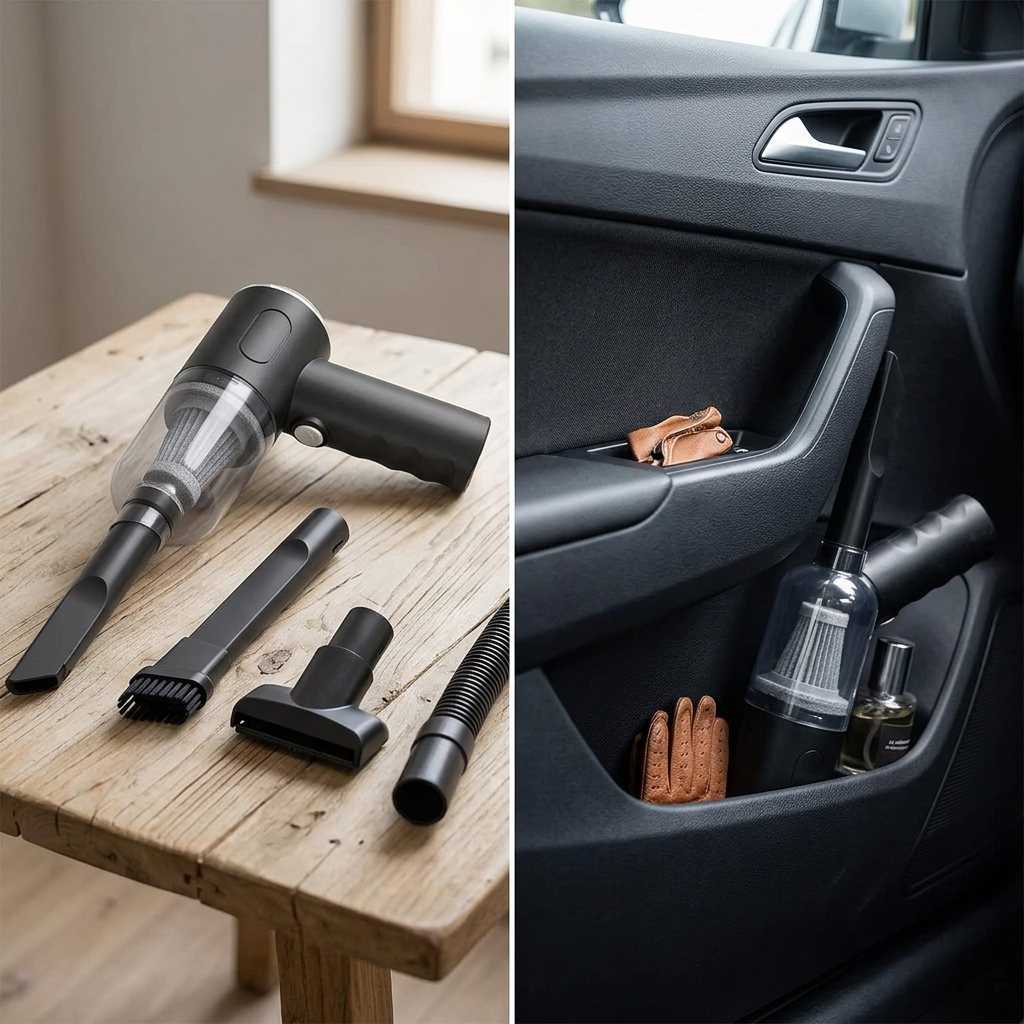 Car vacuum with nozzle attachments laid out beside it