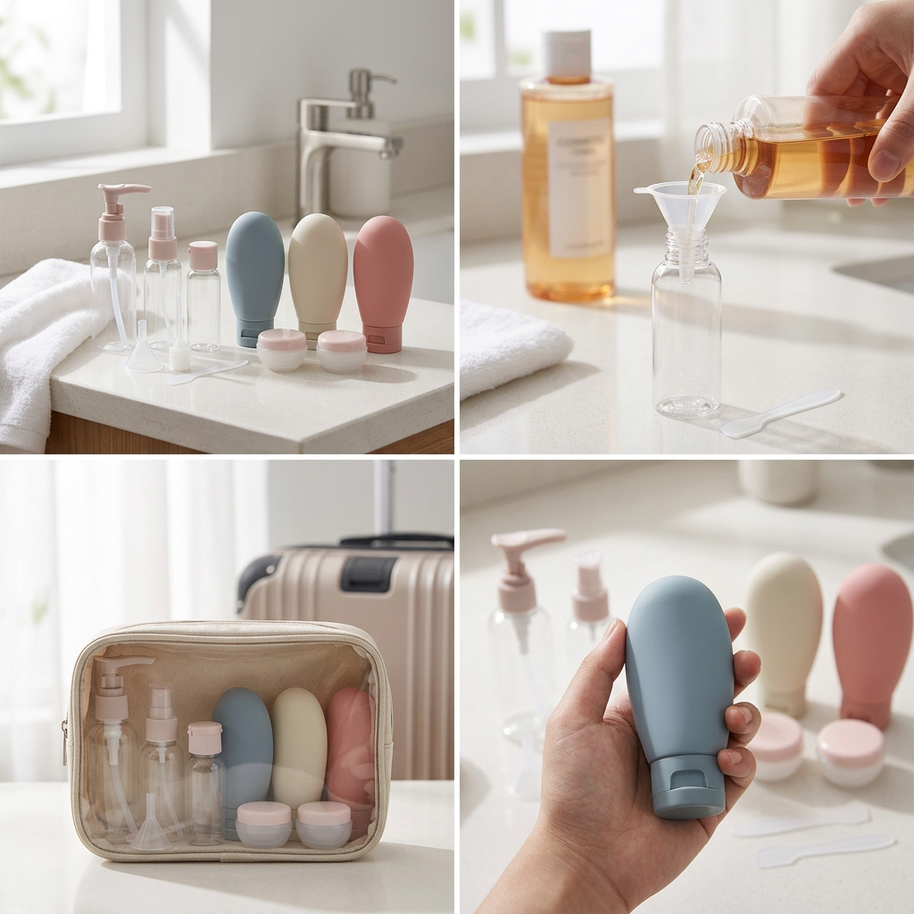 Travel liquid container set arranged on a bathroom counter