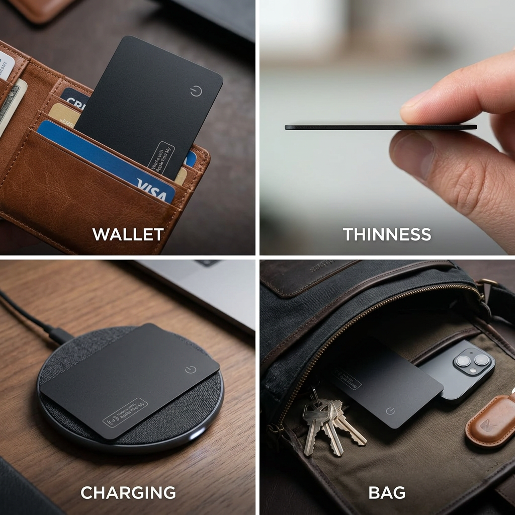 Tracker card held between fingers showing how thin it is